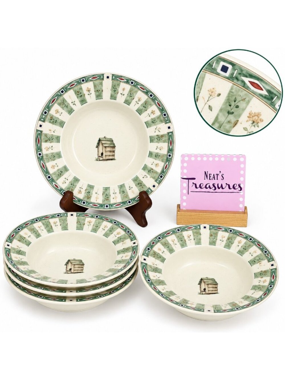 Pfaltzgraff NATUREWOOD Herbs Garden Birdhouse Stoneware Soup Cereal Bowls Set 5
